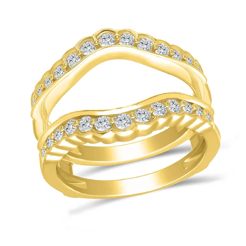 unique wedding rings for unforgettable weddings -Yellow Gold Scalloped Edge Diamond Engagement Ring Guard with 26 Diamonds, 0.63 cttw