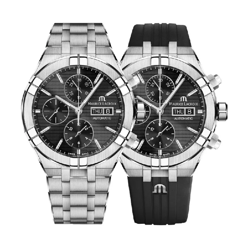 luxury leather strap watches for men -Aikon Automatic Chronograph 44 mm - Black