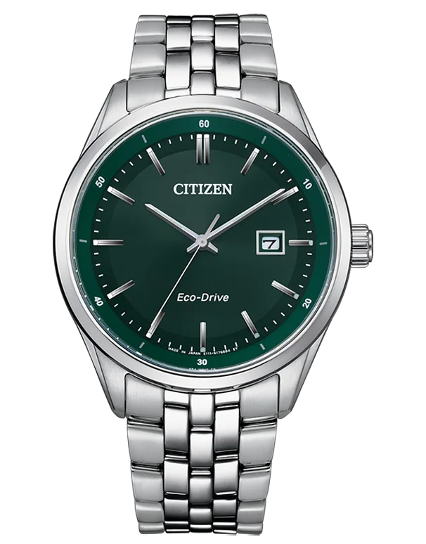 mens casual leather watches -Citizen - Eco-Drive Steel Green DIal Date 41mm - BM7569-89X - 784990