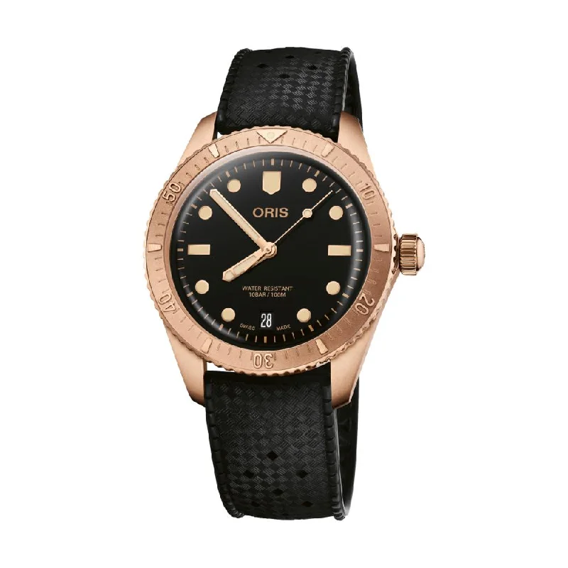 watches for men with sapphire crystal glass -Oris Diver Sixty-Five Sepia, 38mm, Rubber strap