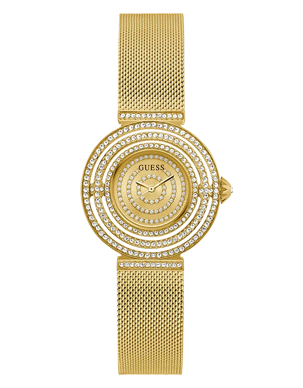 mens watches for casual work attire -Guess - Gold Dream Crystal Mesh Watch - GW0550L2 - 786527