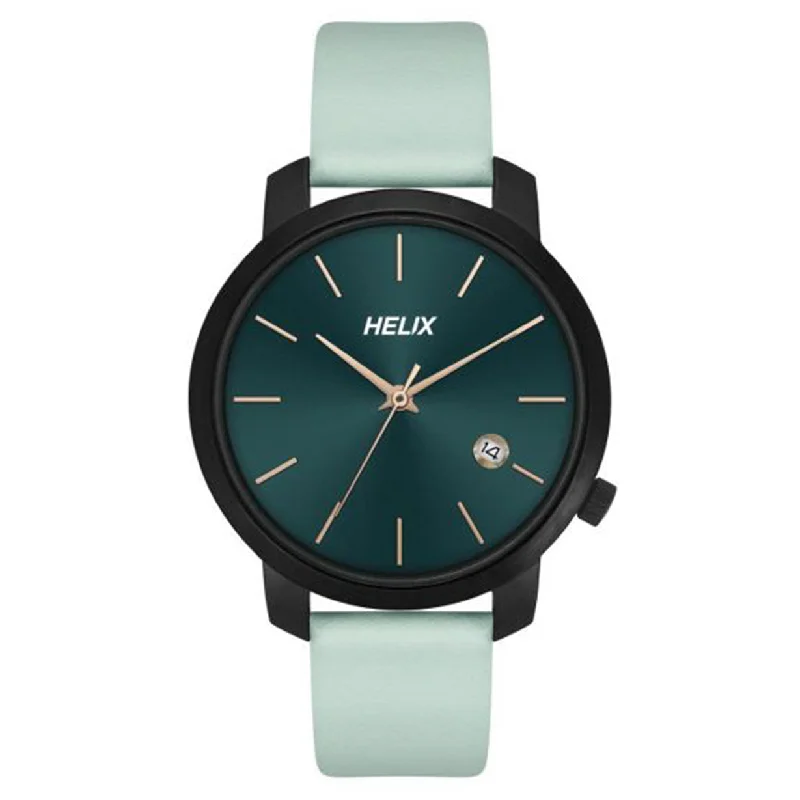 solar powered watches for women -Helix Dark Green Dial Leather Strap