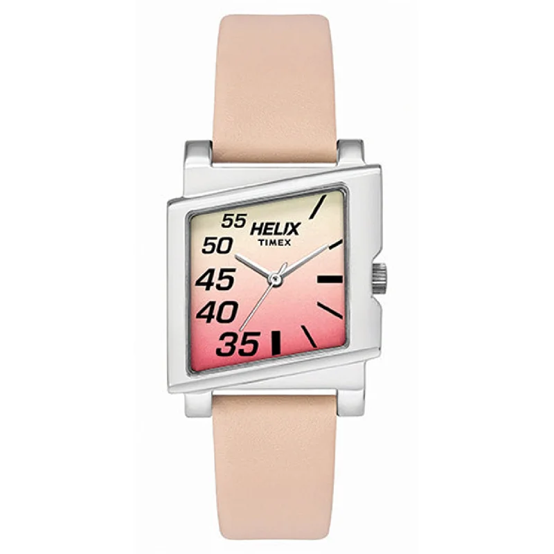 mens watches with date feature -Helix Square Shaped Case Pink Dial