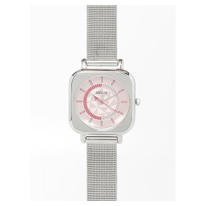 leather band watches for women -Helix Square Shaped Pink Dial