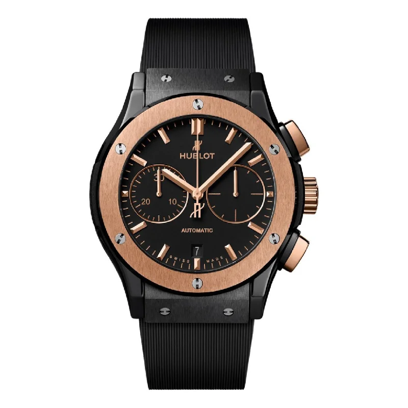 mens watches with chronograph functions -Hublot Classic Fusion Chronograph Ceramic King Gold Matte Black Dial 45 mm