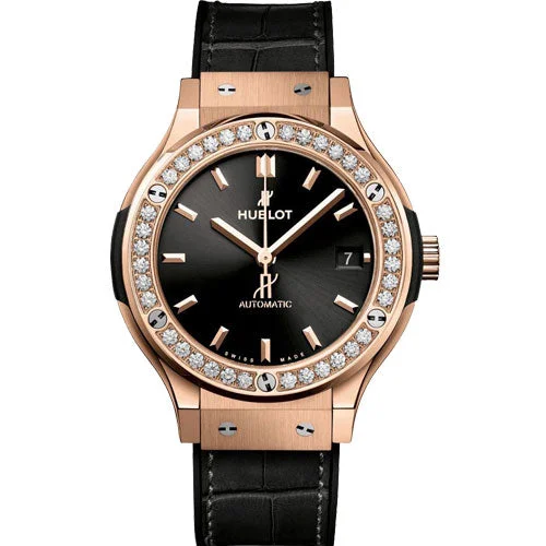 affordable luxury watches for men -Hublot Classic Fusion King Gold Diamonds Black Dial Men's Watch 38mm