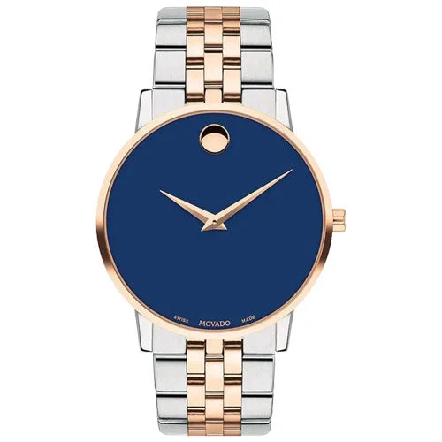 mens watches with leather and stainless steel combination -Movado Museum Classic Blue Dial Men 40mm