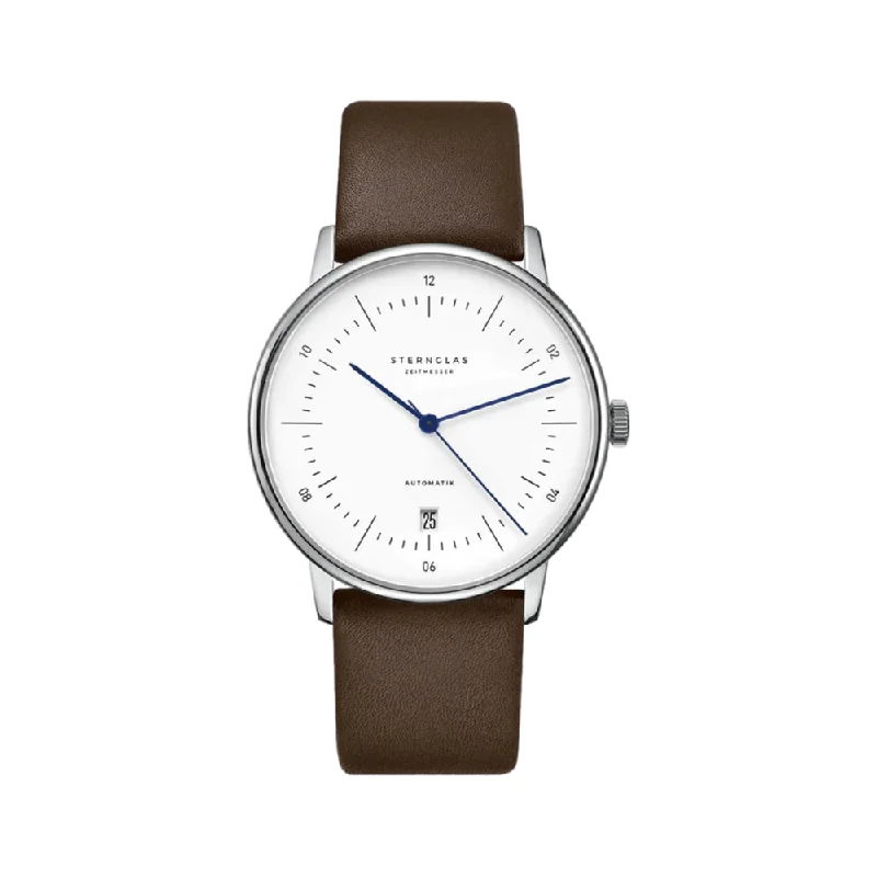 mens wrist watches with leather strap -Naos Automatic White Dial Dark Brown Leather Strap