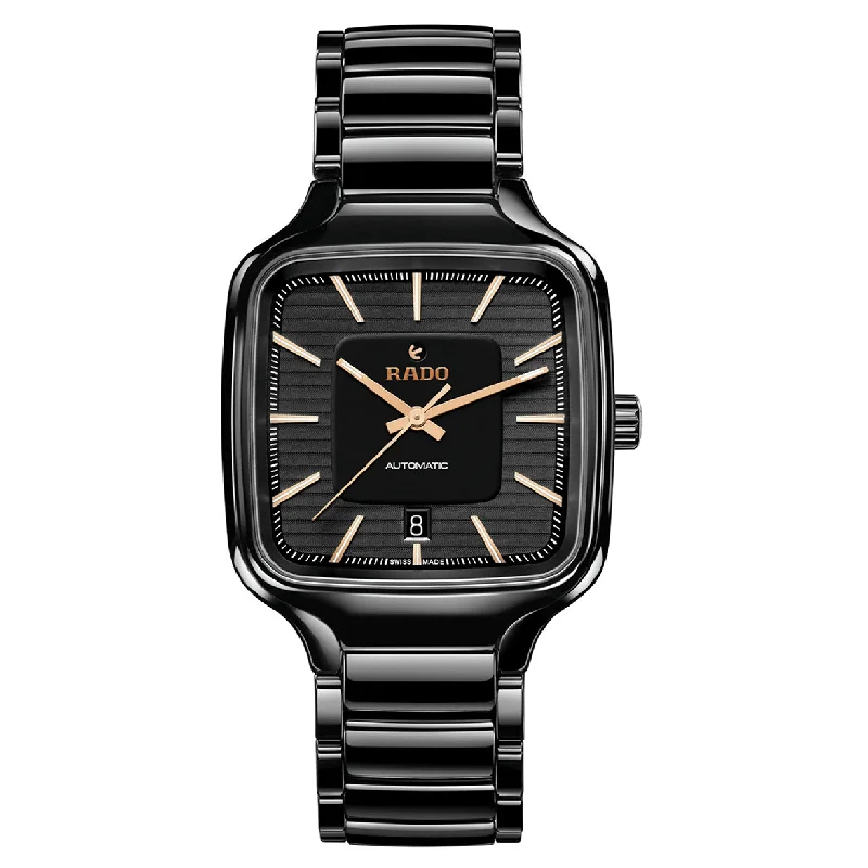 affordable watches with gold accents for men -Rado True Black Dial Unisex 38mm