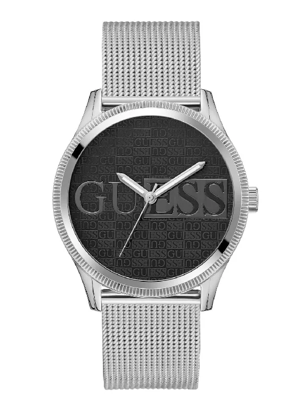 women’s minimalist watches with thin band -Silver Reputation Black Logo Mesh Watch