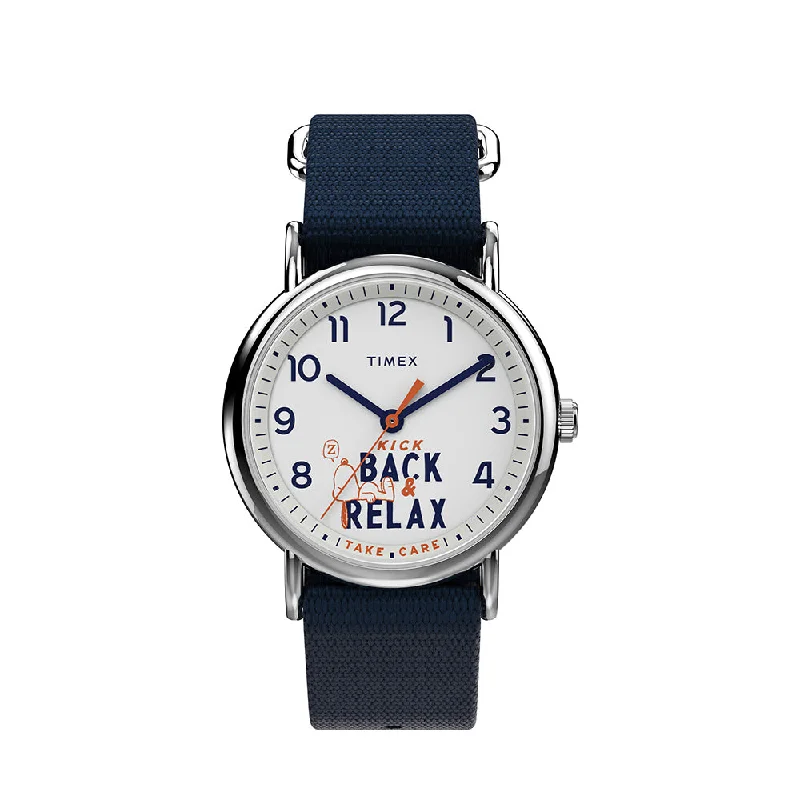 watches with customizable dials -Timex Weekender X Take Care With Peanuts 3-Hand 38mm Fabric Band