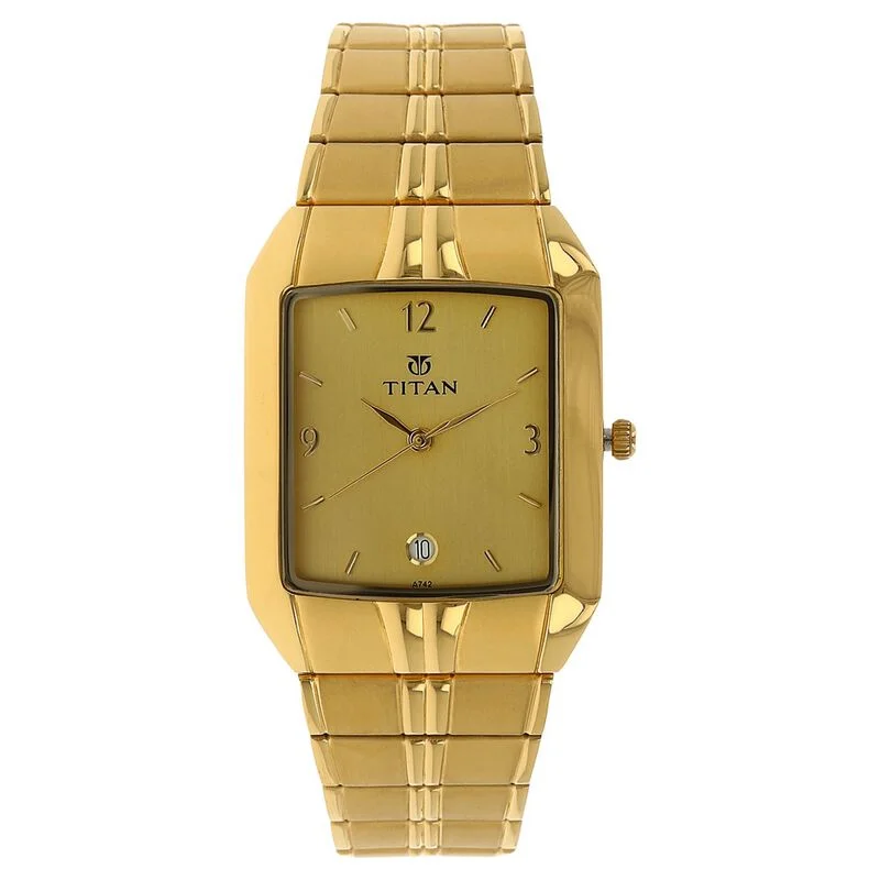 stylish wristwatches for teenagers -Titan Analog With Date Golden Dial Metal Strap Watch For Men