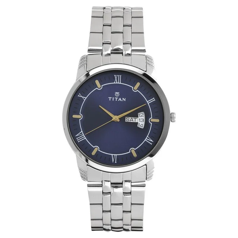 watches for men with interchangeable straps -Titan Analog With Day And Date Blue Dial Stainless Steel Strap Watch For Men