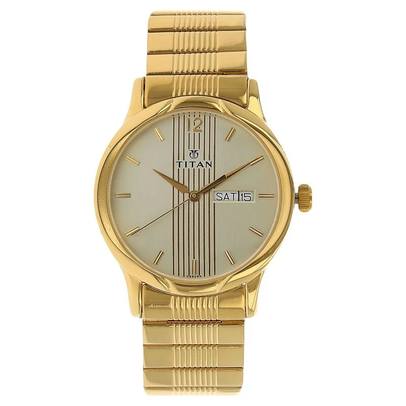 stylish watches for teens with modern designs -Titan Analog With Day And Date Champagne Dial Metal Strap Watch For Men