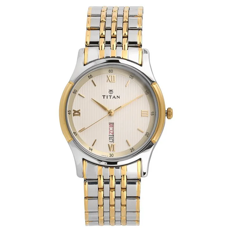 premium watches for men with modern design -Titan Analog With Day And Date Off White Dial Stainless Steel Strap Watch For Men