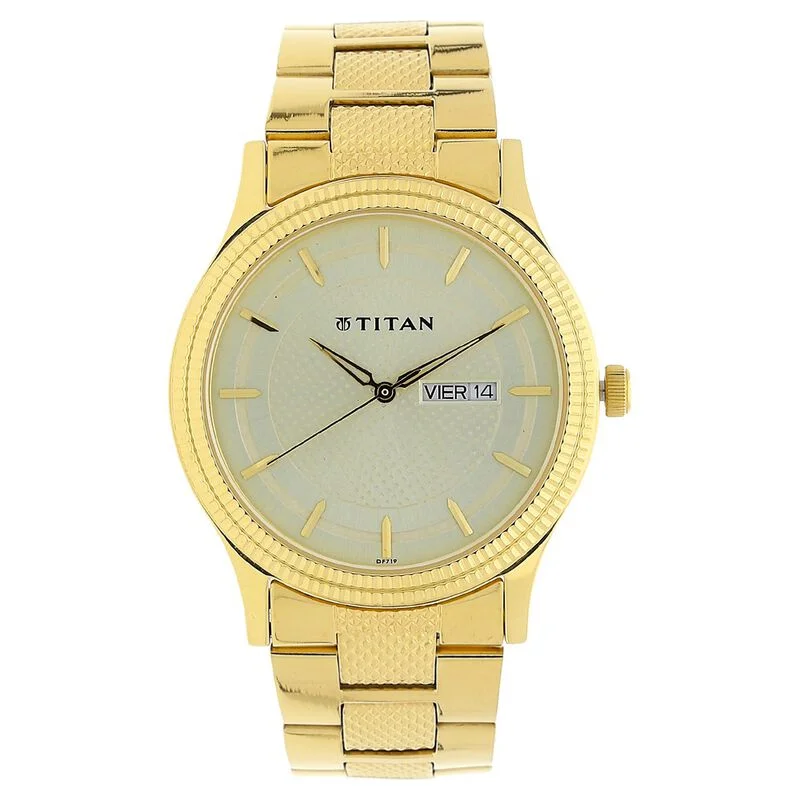 best hybrid smartwatches for women -Titan Analog With Day And Date Quartz Champagne Dial Metal Round Stainless Steel Strap Watch For Men