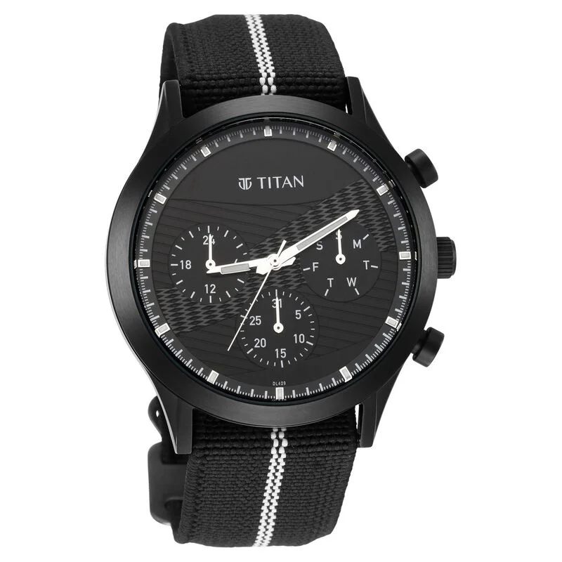 womens luxury watches with leather straps -Titan Athleisure Black Dial Quartz Multifunction Nylon Strap Watch For Men