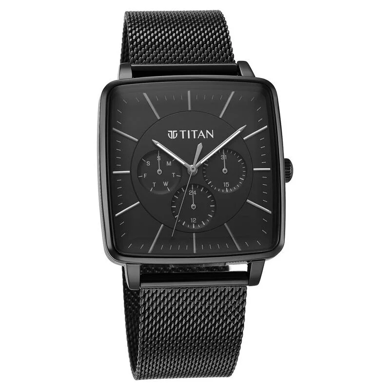 mens casual leather watches -Titan Avant Garde Black Dial Quartz Multifunction Stainless Steel Strap Watch For Men