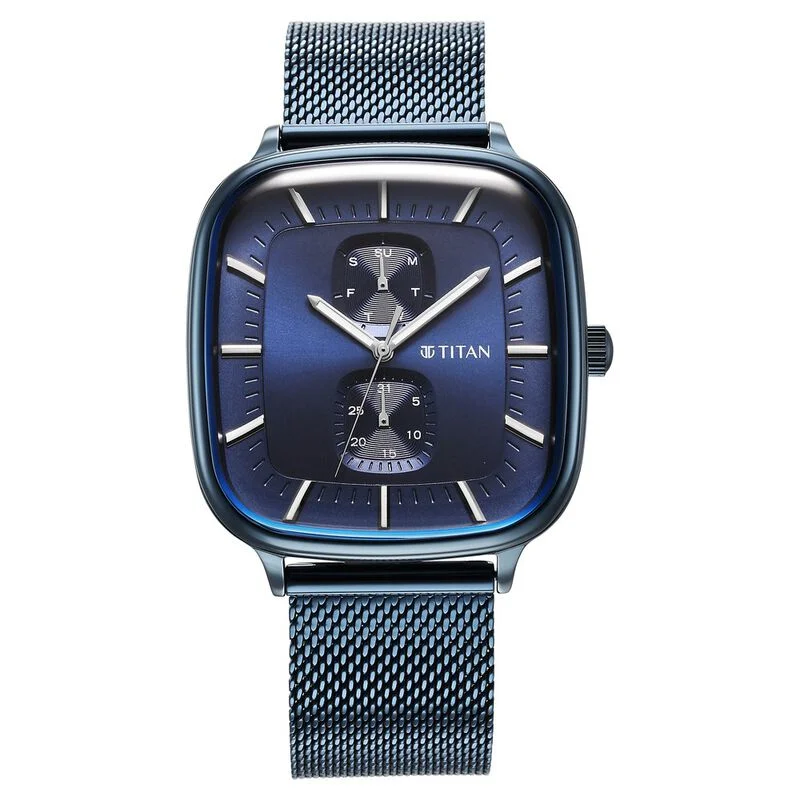 digital fitness watches for men -Titan Avant Garde Blue Dial Quartz Multifunction Stainless Steel Strap Watch For Men