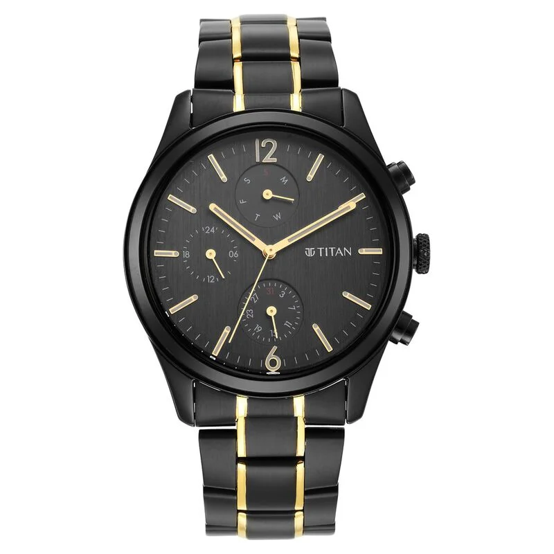 stylish smartwatch for seniors -Titan Black And Gold Anthracite Dial Analog Stainless Steel Strap Watch For Men