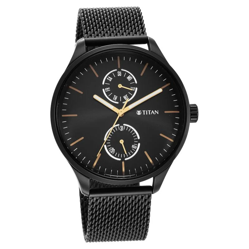 titanium watches for men -Titan Black And Gold Black Dial Analog With Day And Date Stainless Steel Strap Watch For Men