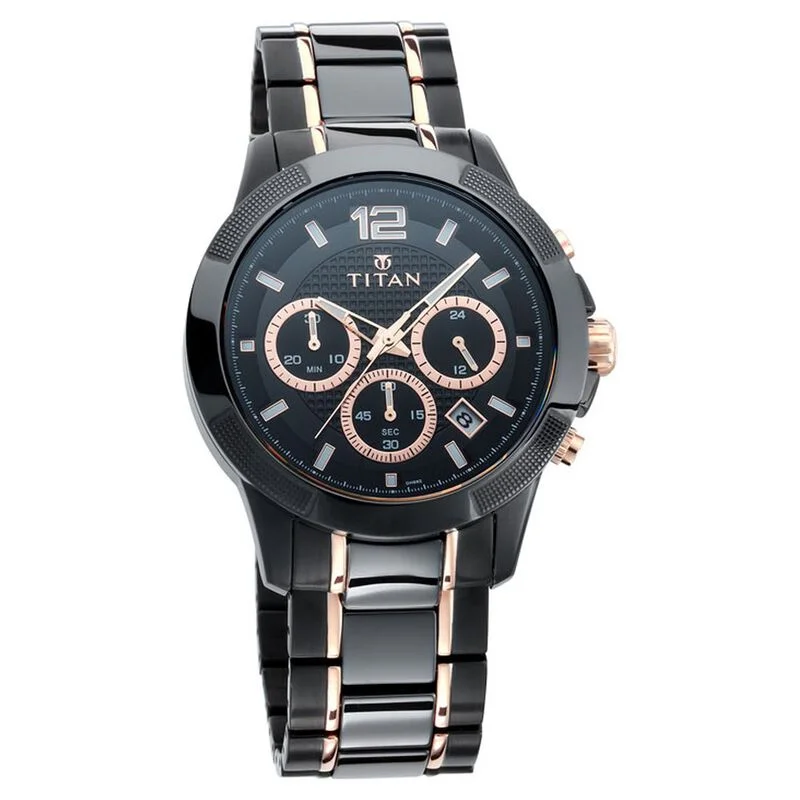 watches for women with diamond accents -Titan Ceramics Black Dial Chrono Stainless Steel And Ceramic Strap Watch For Men