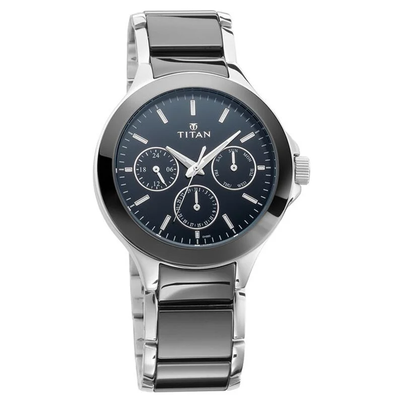 watches for men with large faces -Titan Ceramics Black Dial Quartz Multifunction Stainless Steel And Ceramic Strap Watch For Men