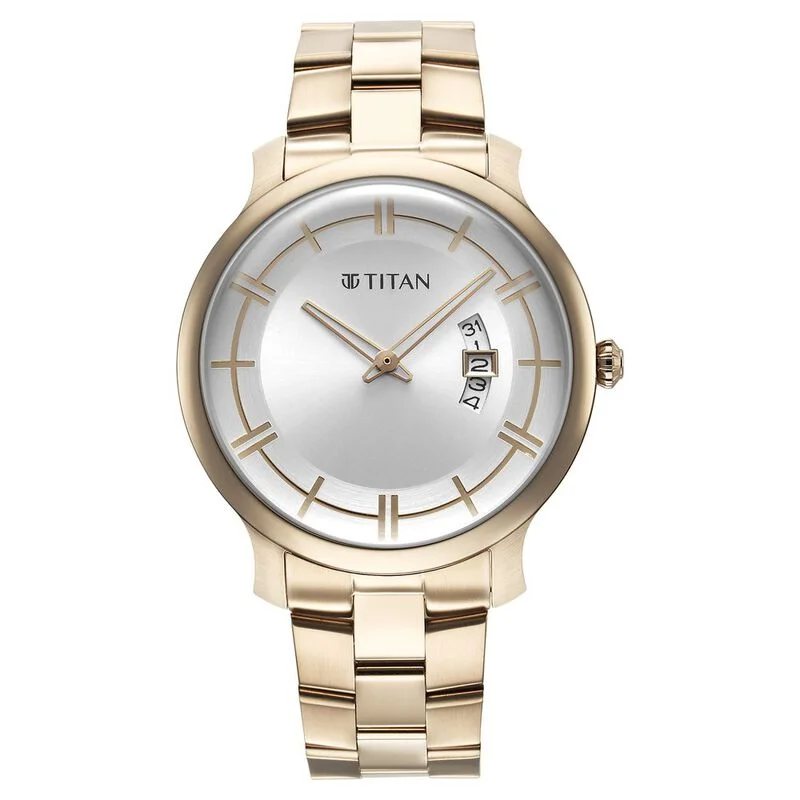 eco-friendly solar watches for men -Titan Classic Distincta Silver Dial Analog With Date Stainless Steel Strap Watch For Men