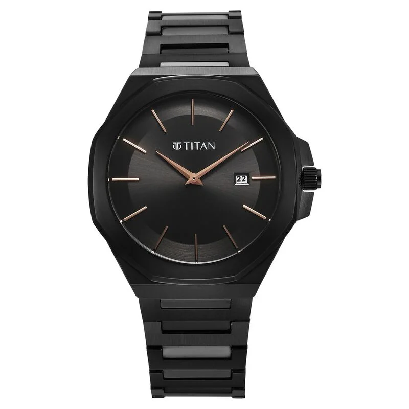 women’s fitness watches with heart rate sensor -Titan Classic Slim Quartz Analog With Date Black Dial Stainless Steel Strap Watch For Men