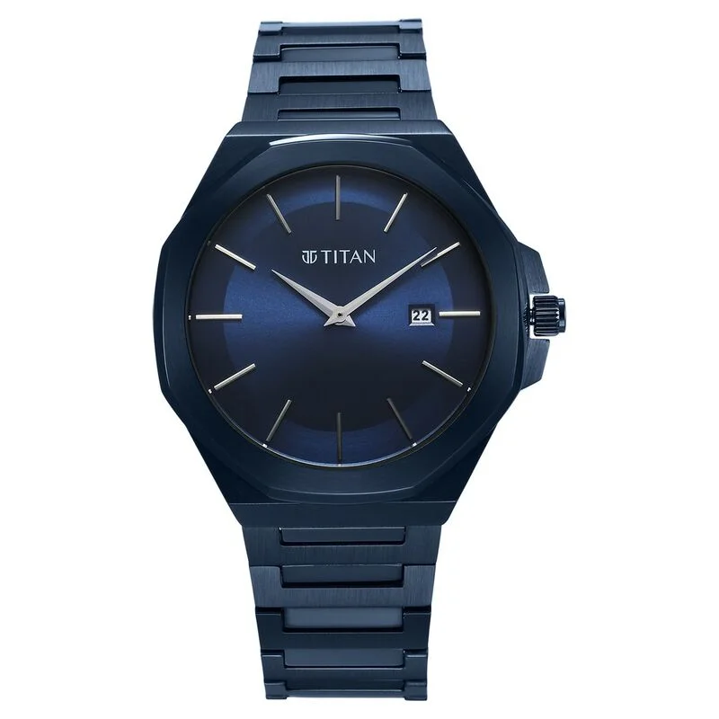 digital watches for men -Titan Classic Slim Quartz Analog With Date Blue Dial Stainless Steel Strap Watch For Men