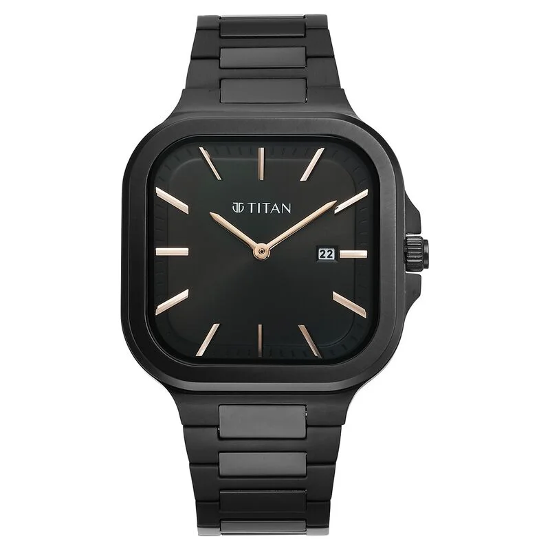 classic analog watches for men -Titan Classique Slim Square Quartz Analog With Date Black Dial Stainless Steel Strap Watch For Men