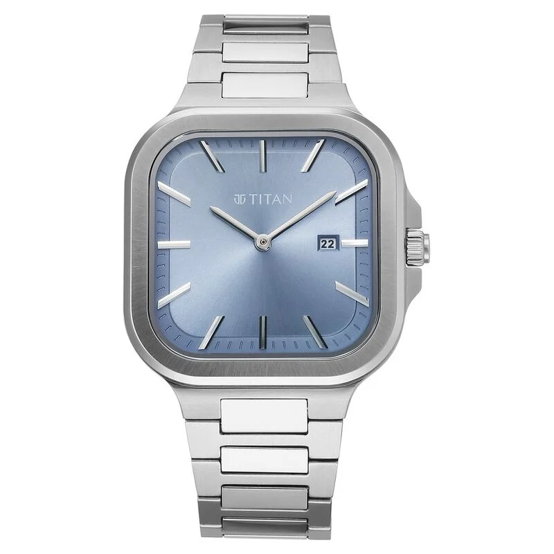 automatic watches for women -Titan Classique Slim Square Quartz Analog With Date Blue Dial Stainless Steel Strap Watch For Men