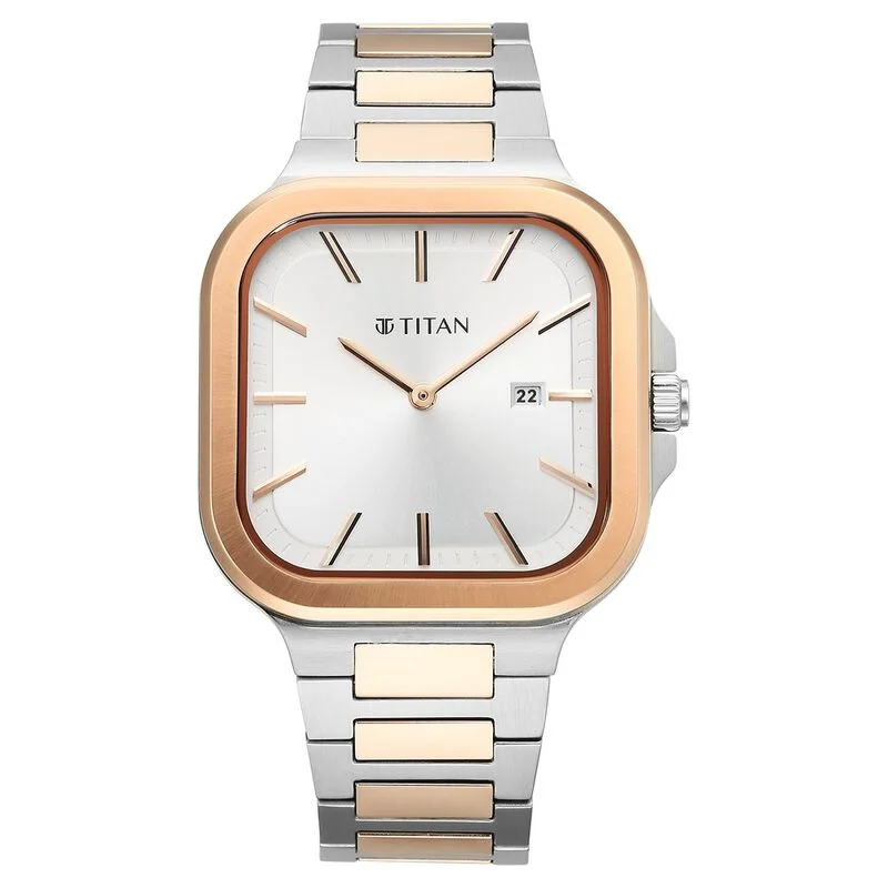 rose gold watches for women -Titan Classique Slim Square Quartz Analog With Date Silver Dial Stainless Steel Strap Watch For Men