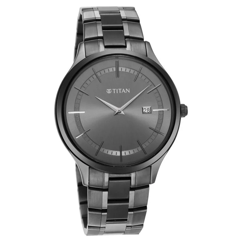 sporty wristwatches for men -Titan Classique Slimline Anthracite Dial Analog With Date Stainless Steel Strap Watch For Men