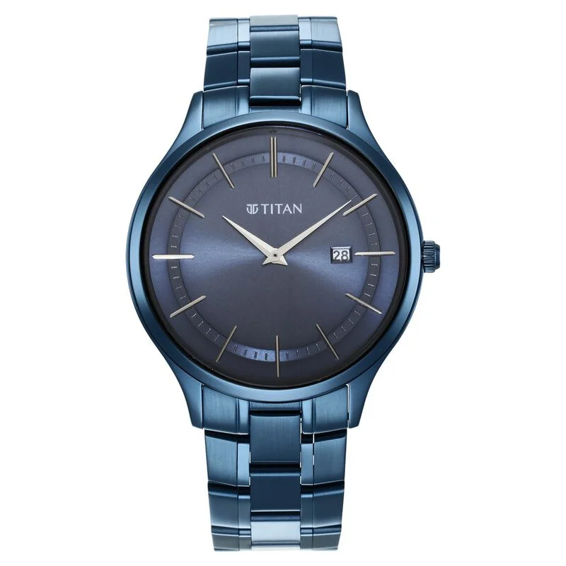 smartwatch for fitness tracking -Titan Classique Slimline Blue Dial Quartz Analog With Date Stainless Steel Strap Watch For Men