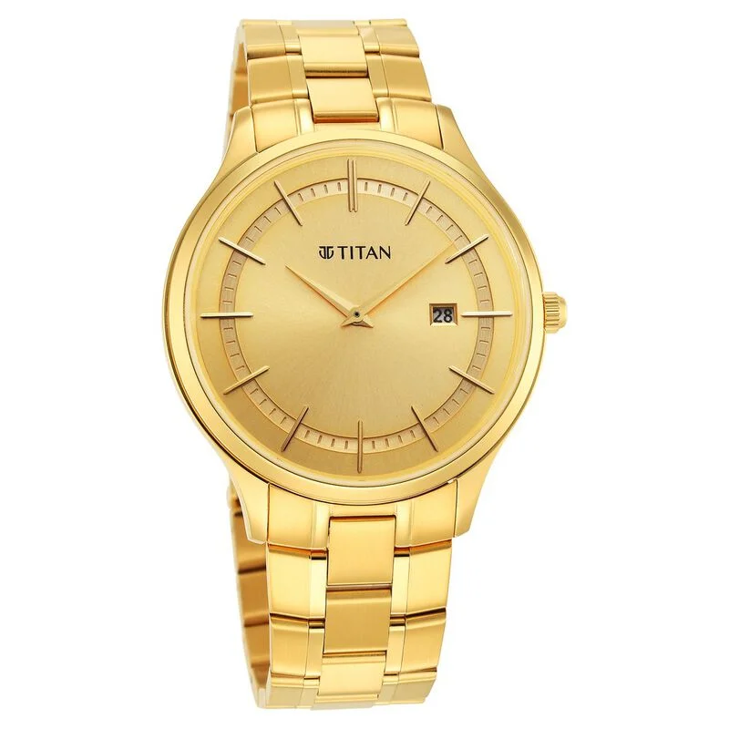 best watches for hiking and outdoor adventures -Titan Classique Slimline Champagne Dial Analog With Day And Date Stainless Steel Strap Watch For Men