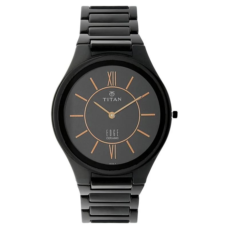 watches for women with roman numerals -Titan Edge Ceramic Black Dial Analog Ceramic Strap Watch For Men