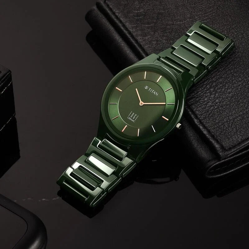 watches for men with automatic movement -Titan Edge Ceramic Green Dial Analog Ceramic Strap Watch For Men