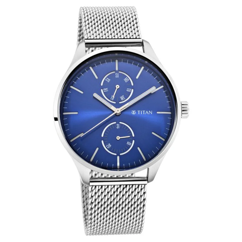 digital sport watches for women -Titan Evoke Blue Dial Analog With Day And Date Stainless Steel Strap Watch For Men