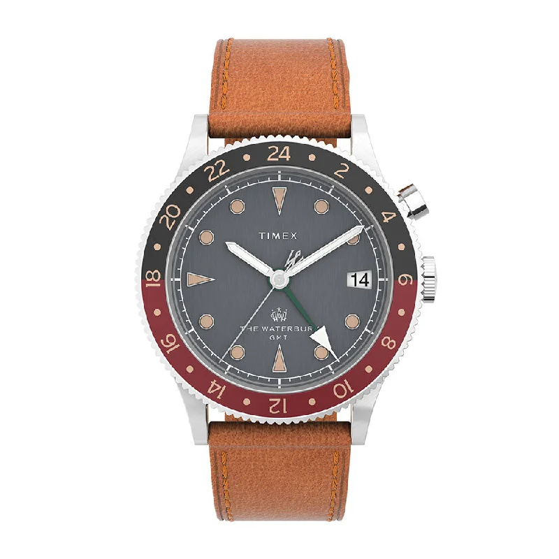 mens watches with date feature -Waterbury Traditional GMT Date 39mm Leather Band